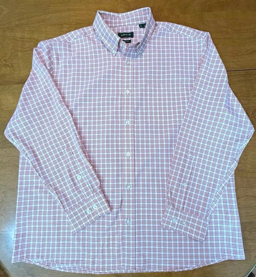 Orvis Men's XL Regular Active Fit White red/orange Plaid Long Sleeve Button-Down